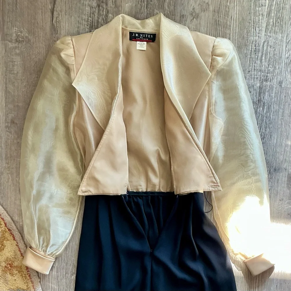 Vintage J.R. Nites by Caliendo Sheer Gold Puff Sleeve Jeweled Belted Jumpsuit - Picture 14 of 16